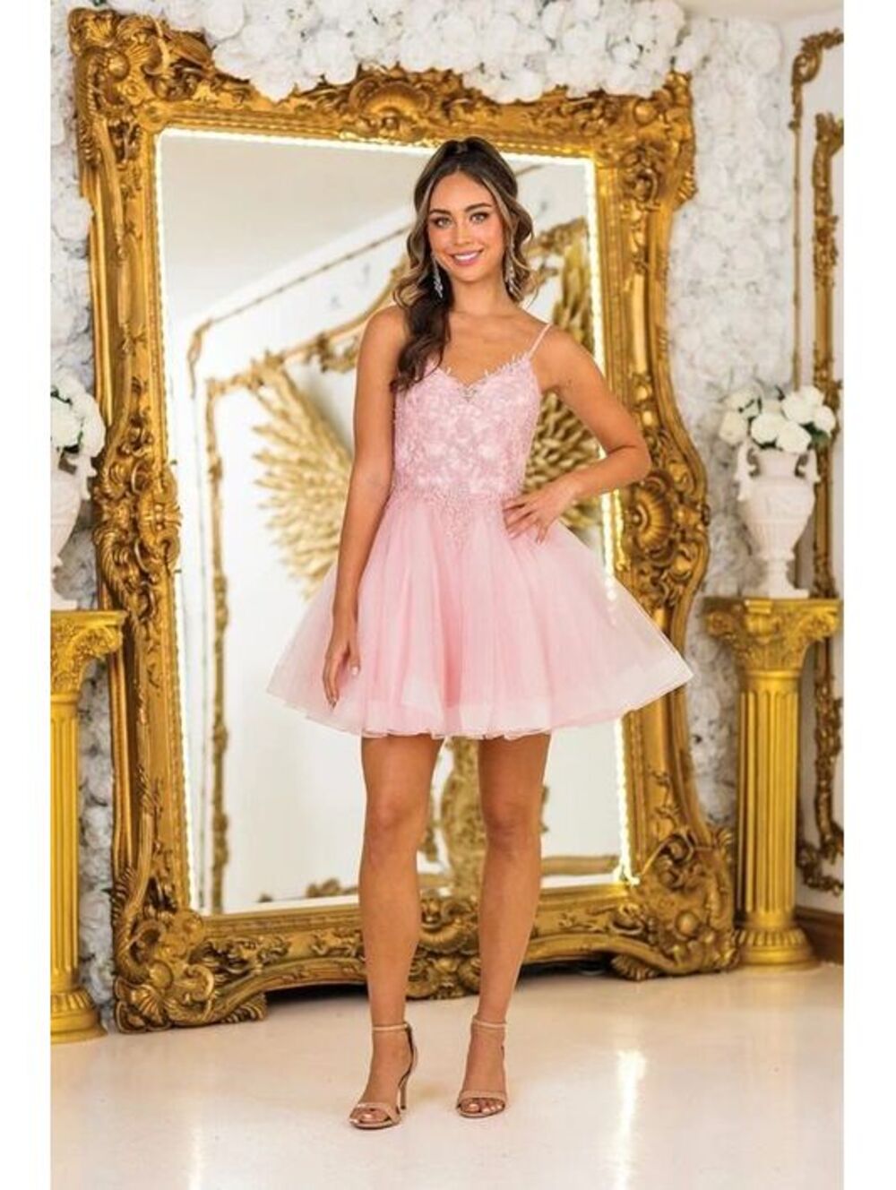 Dancing Queen 3413 Short Tulle & Lace Homecoming Dress-Size L-Blush-NWTags